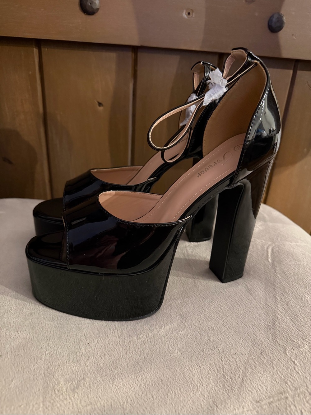 Forever 21 Black Patent Platform Ankle-Strap Chunky High Heels Size 10 - Picture 3 of 10